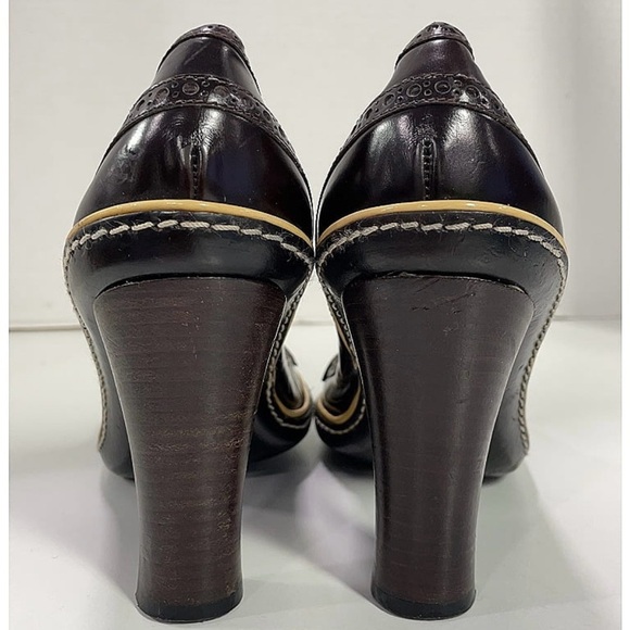 CELINE Brown & Ivory Leather Tassel Loafers Pumps Block Heel - Picture 5 of 11